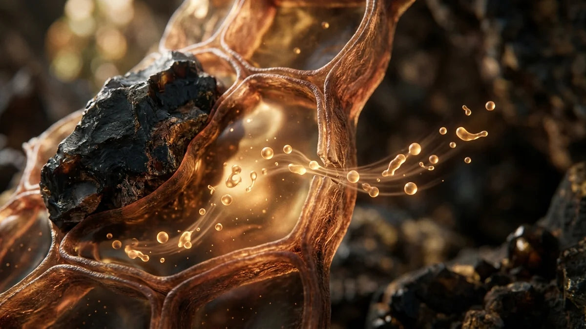 Résine de shilajit avec molécules d'acide fulvique luminescent transportant les nutriments à travers les membranes cellulaires