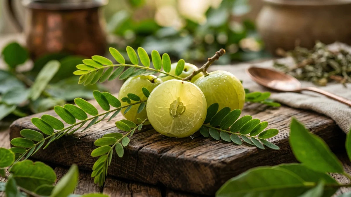 Fruits frais d'Amalaki avec feuilles vertes, propriétés Ayurveda et bienfaits santé naturels