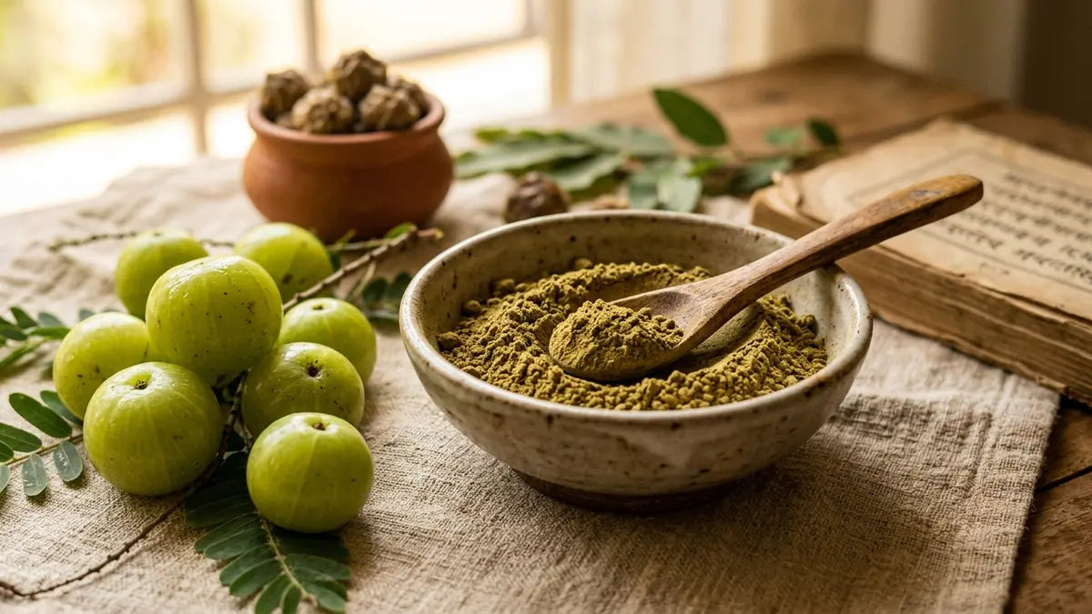 de la poudre d'amla dans un bol en bois