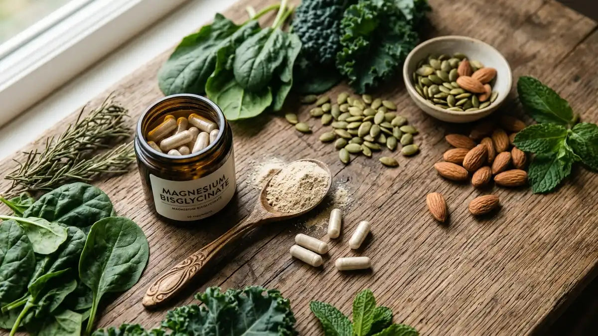 Gélules de bisglycinate de magnésium avec ingrédients naturels sur bois, concept de supplément santé wellness