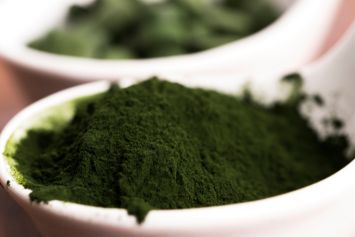Du Chlorella dans un pot blanc.