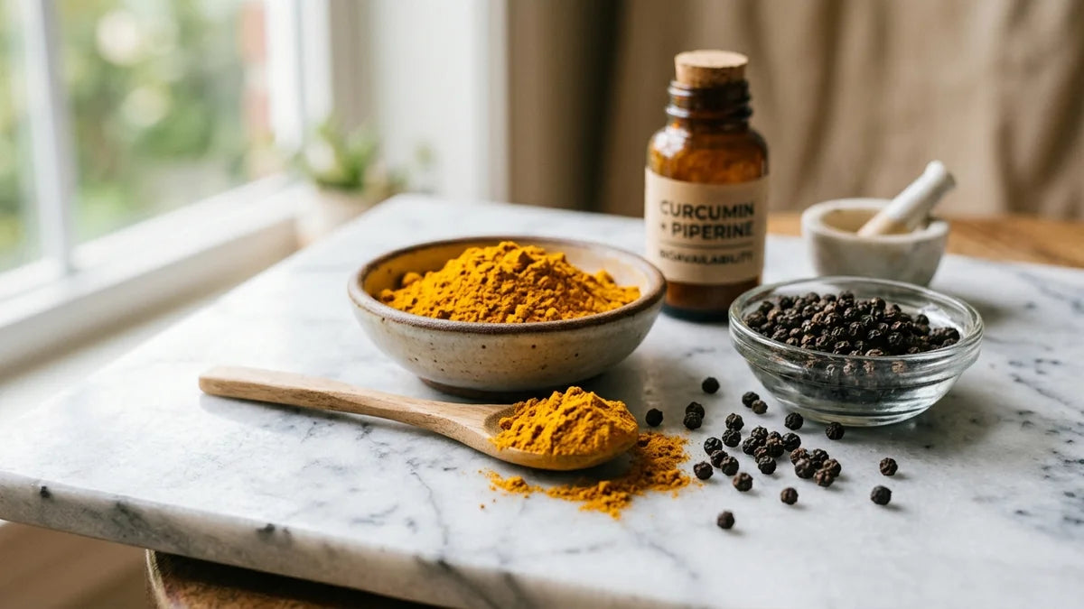 Curcuma en poudre dorée et grains de poivre noir sur marbre illustrant l'absorption optimale