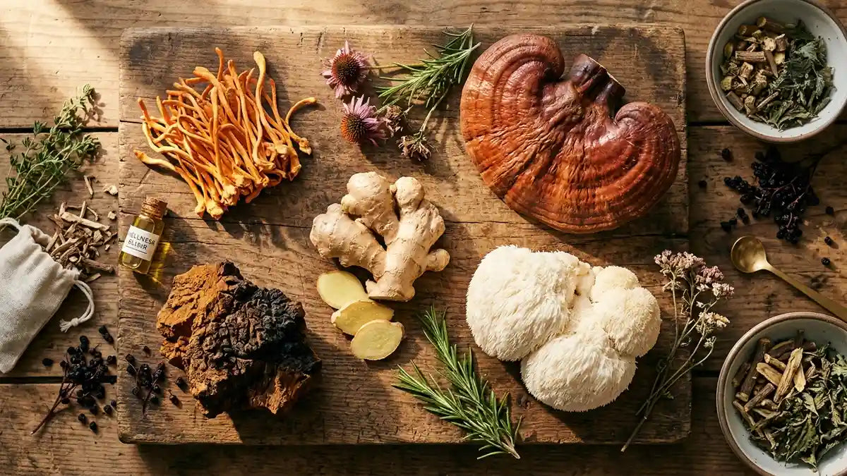 Quatre champignons médicinaux (cordyceps, reishi, crinière de lion, chaga) sur bois avec gingembre frais pour fatigue et immunité