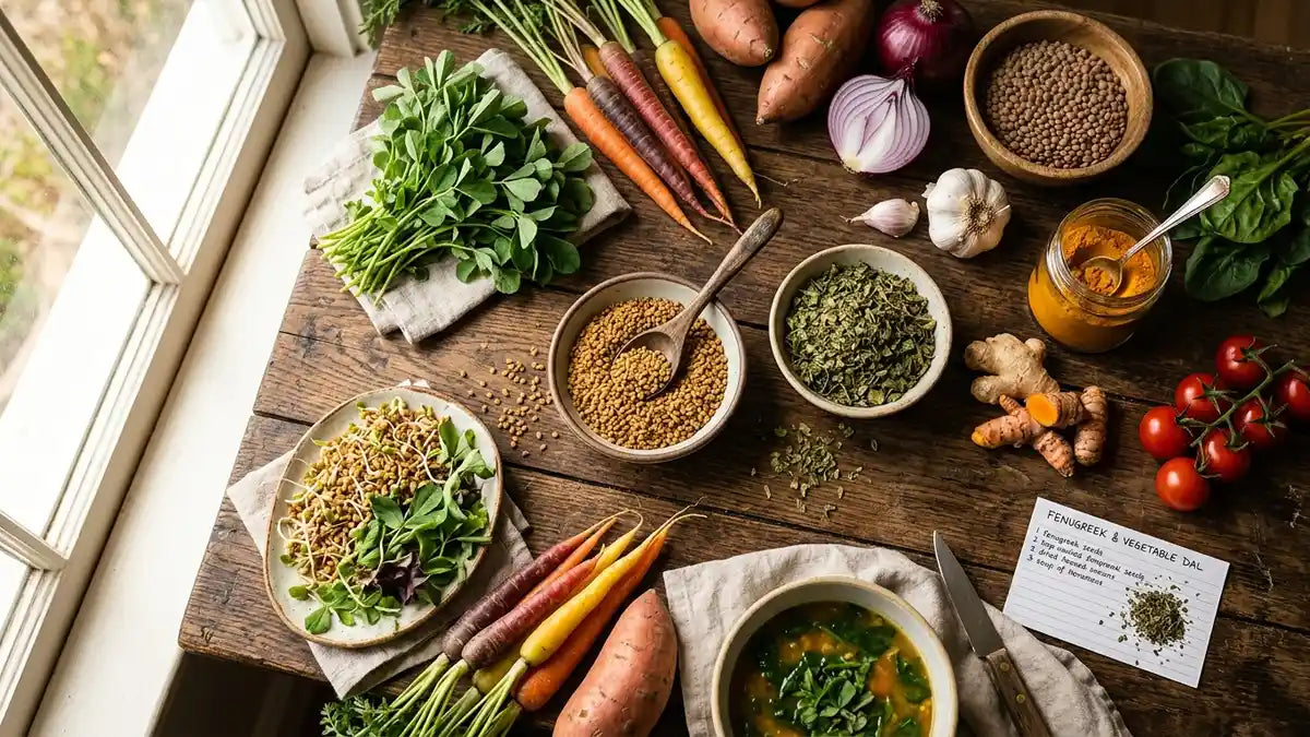 Graines de fenugrec et légumes frais pour grossir naturellement, concept nutrition et bien-être