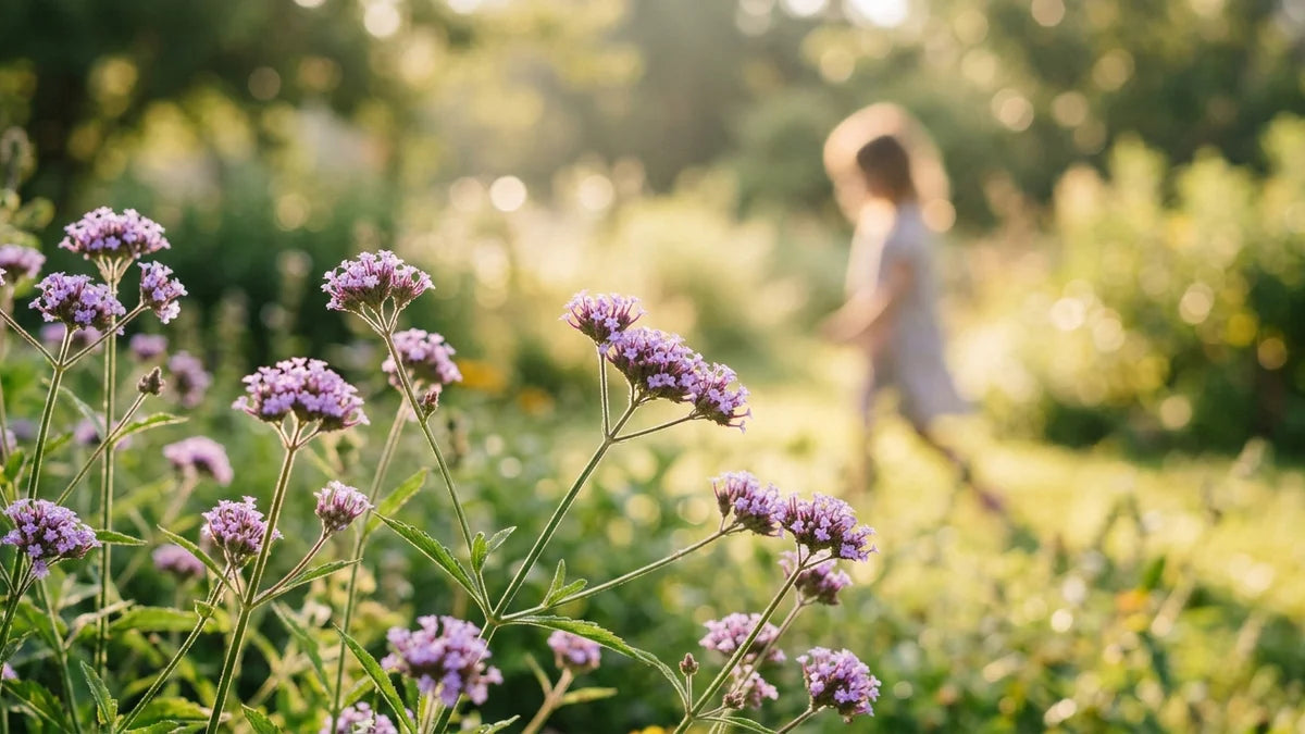 Fleurs de vervain pourpres en lumière douce avec enfant en arrière-plan, représentant un remède naturel pour l'hyperactivité