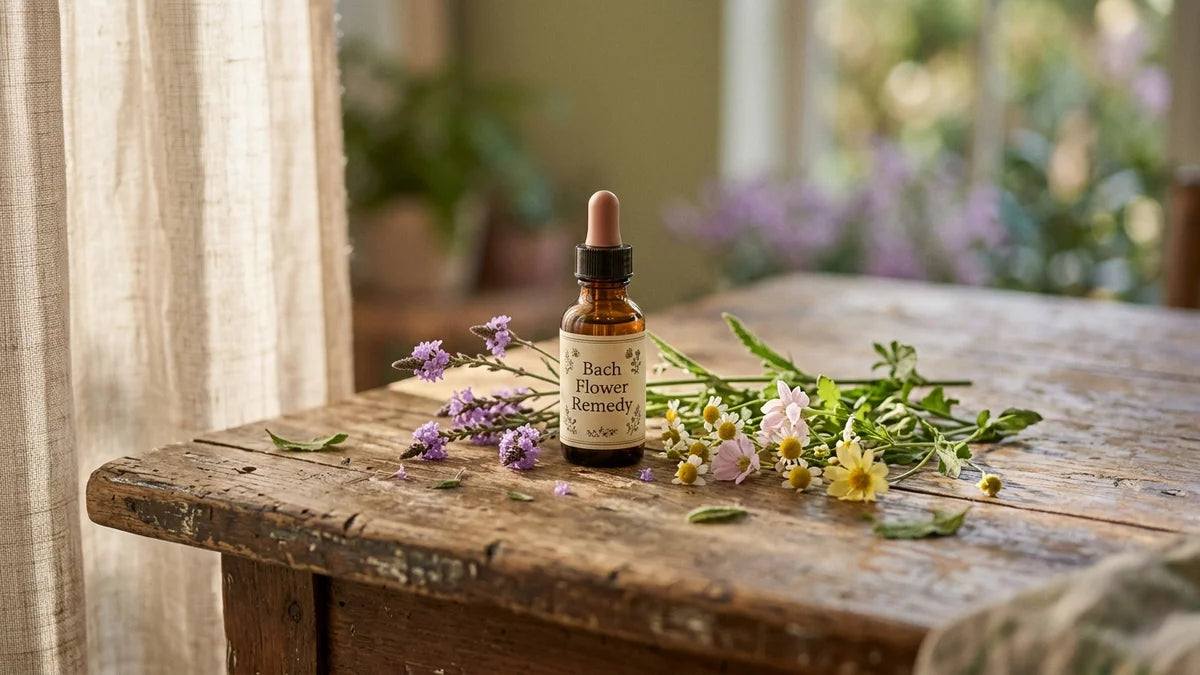 Flacon compte-gouttes de fleurs de Bach sur table en bois avec verveine fraîche et fleurs sauvages pour la ménopause