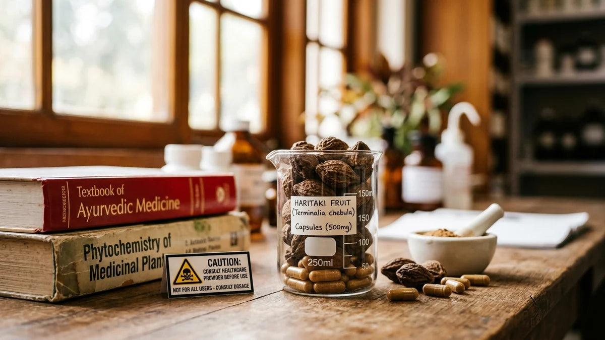 Haritaki séché en pot de mesure avec capsules et symbole d'avertissement pour illustrer les dangers et effets secondaires