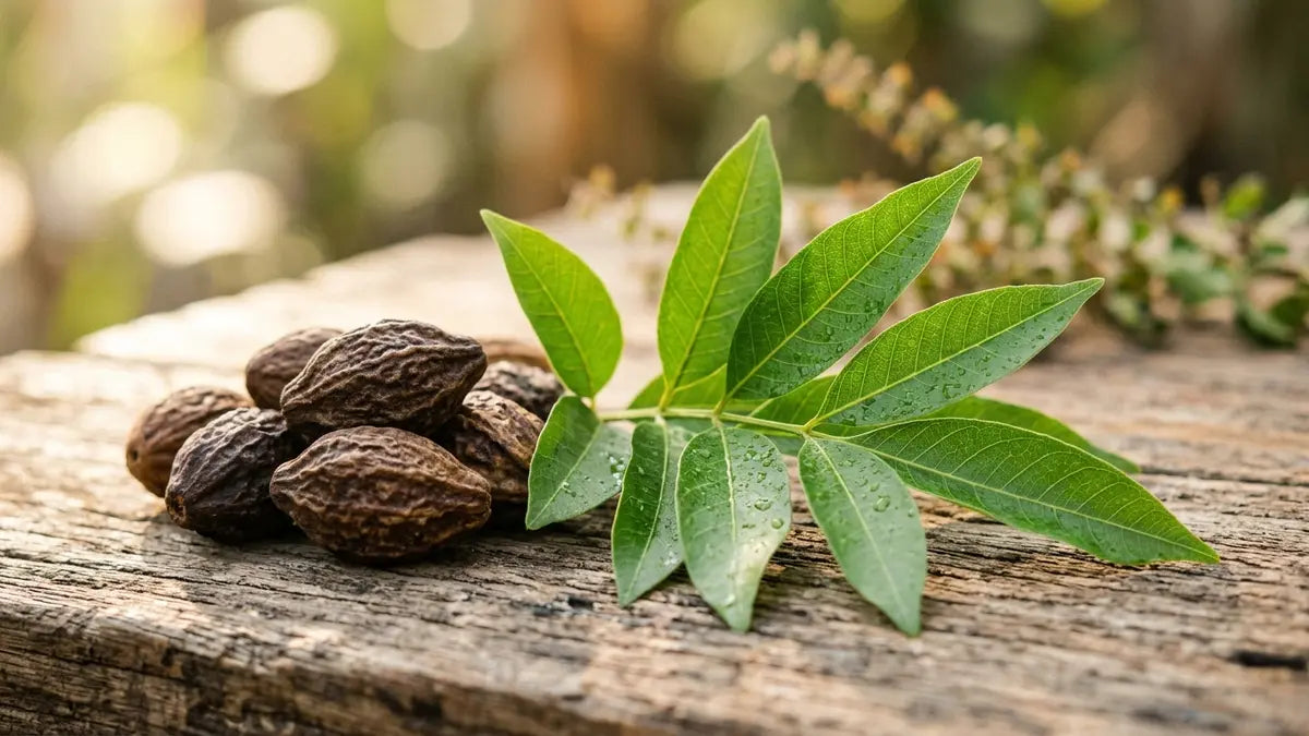Fruits séchés de Haritaki et feuilles vertes sur bois naturel, plante ayurvédique pour la digestion