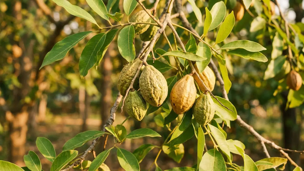 Fruits de Haritaki (Terminalia chebula) sur branche avec feuilles vertes, éclairage naturel mettant en évidence ses propriétés hépatoprotectrices