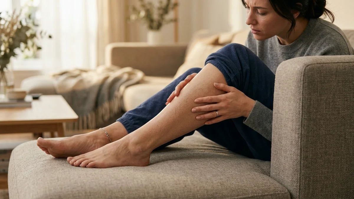 Femme se grattant les jambes montrant problèmes de circulation sanguine et inconfort cutané