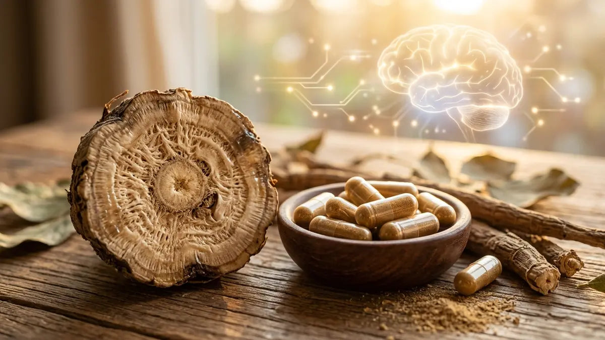 Racine de kudzu et capsules de complément à base de plantes sur surface bois pour réduire la consommation d'alcool