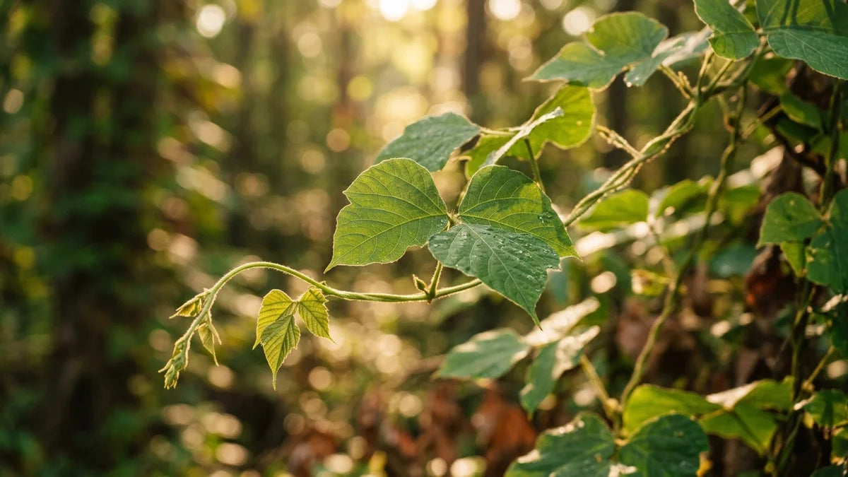 Feuilles de kudzu en gros plan avec lumière naturelle, plante isoflavones pour bouffées de chaleur ménopause