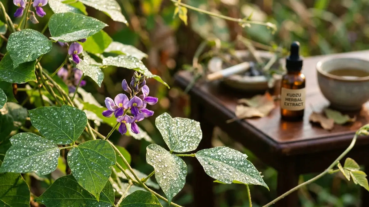 Kudzu fleurs violettes et feuilles vertes, remède naturel pour arrêter de fumer