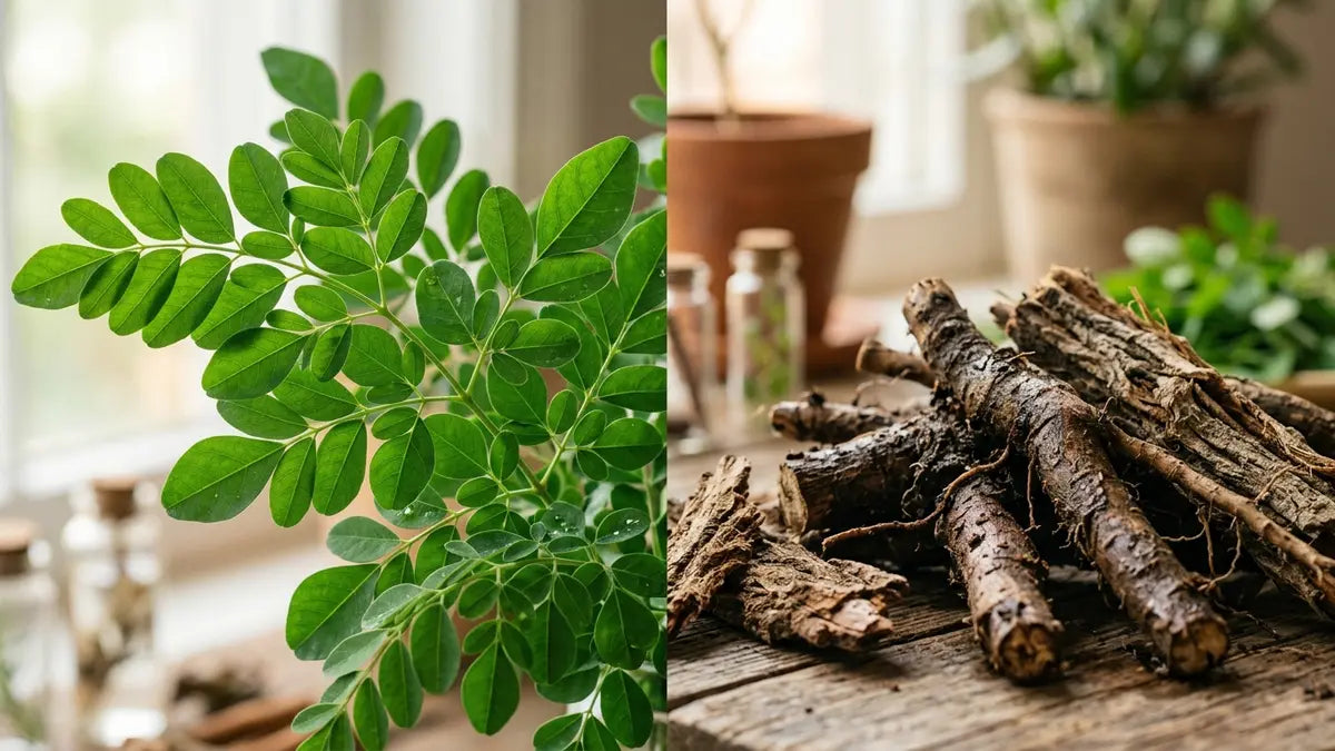 Feuilles vertes de moringa fraîches avec racines, photographie botanique pour article santé et sécurité