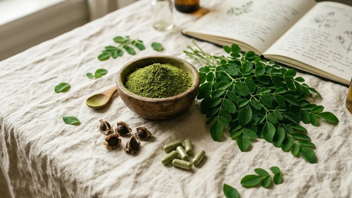 Feuilles fraîches de moringa et poudre verte dans un bol en bois sur une table en lin, graines et gélules