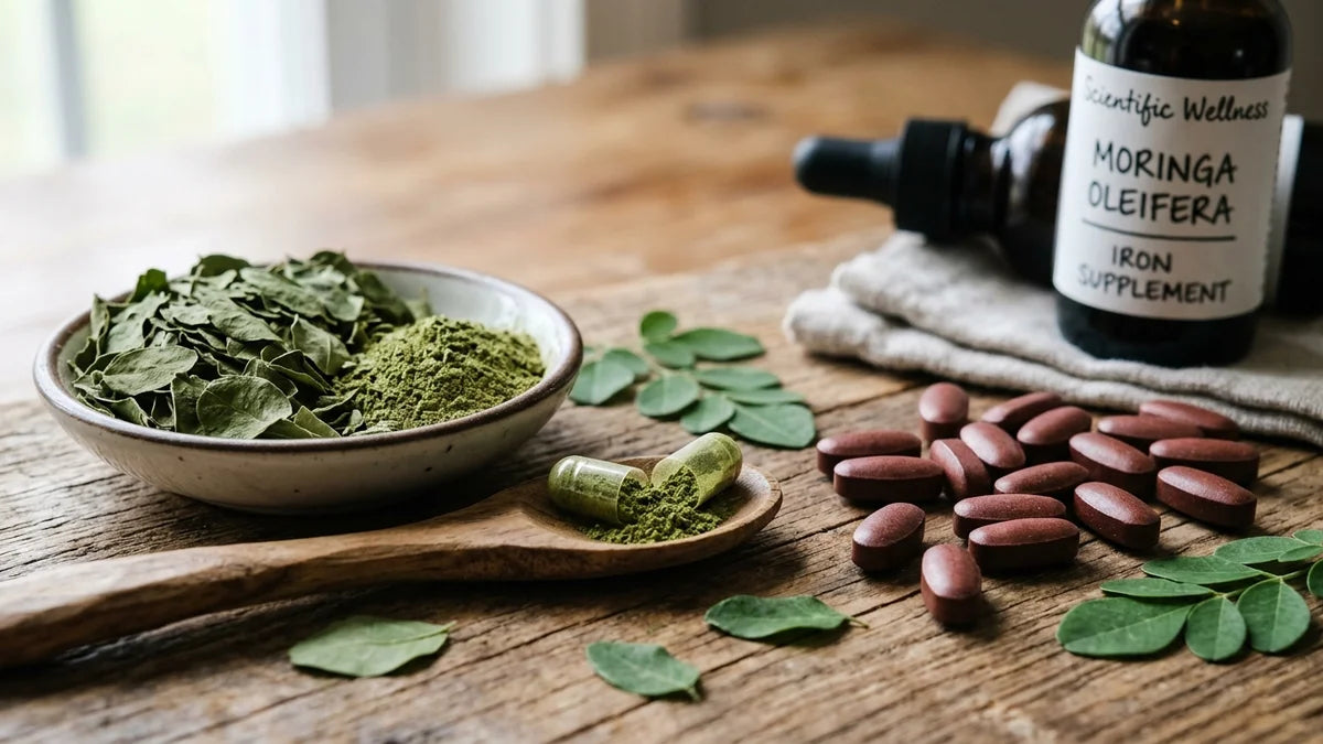 Gélules moringa et suppléments de fer avec feuilles séchées illustrant la composition réelle des compléments