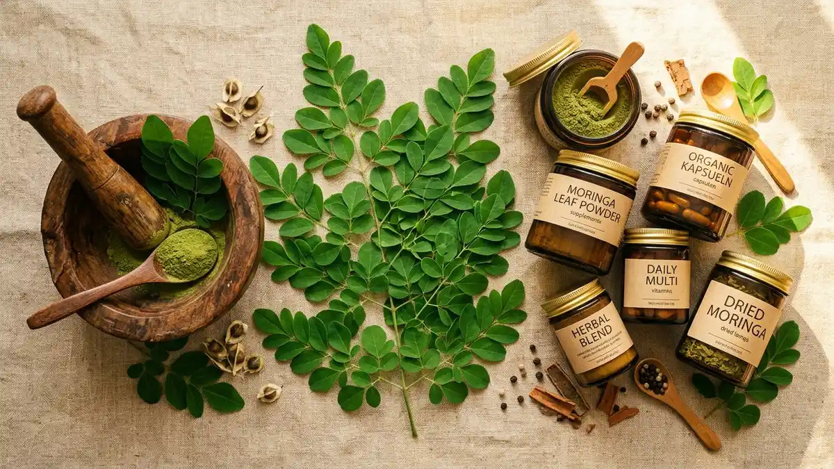 Feuilles fraîches de moringa oleifera avec suppléments nutritionnels et mortier en bois traditionnel