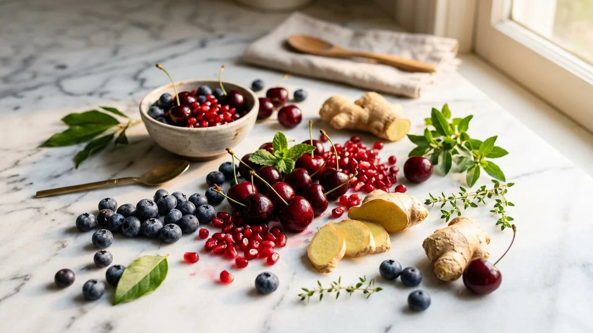 Aliments pour circulation sanguine : baies rouges, myrtilles et gingembre frais sur marbre blanc
