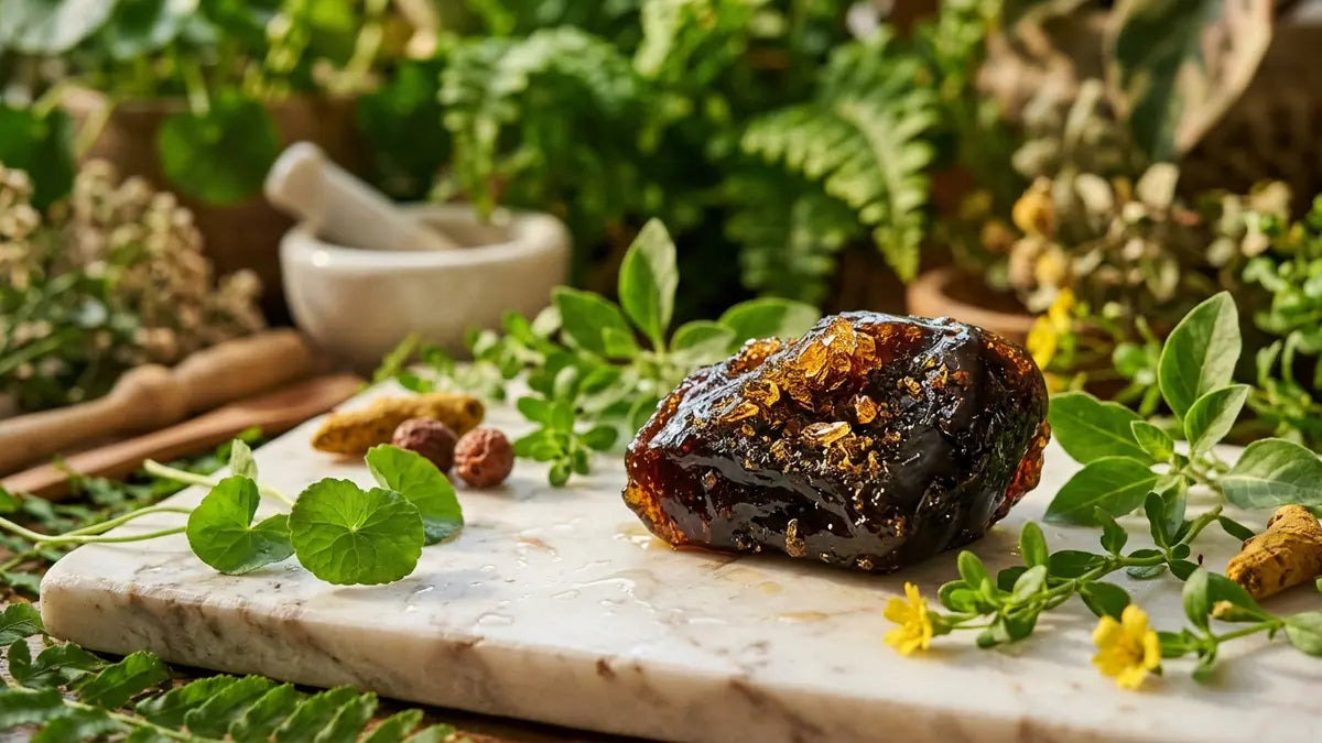 Résine Shilajit dorée avec cristaux d'acide fulvique entourée de plantes wellness, concept de vitalité pour femmes