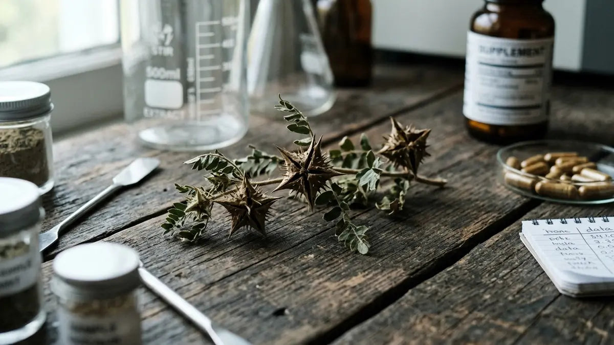 Tribulus terrestris : plante avec gousses épineuses et capsules de complément en laboratoire