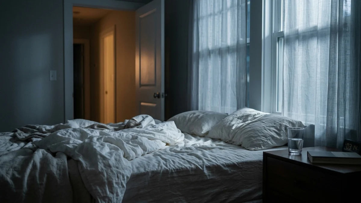 Chambre calme la nuit, lit défait, verre d'eau et réveil lumineux, couloir éclairé : nycturie et sommeil réparateur