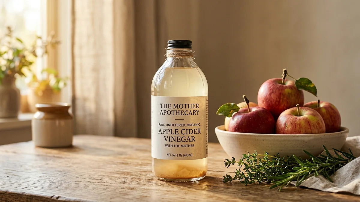 Bouteille vinaigre cidre biologique avec pommes fraîches et herbes pour article santé et bien-être