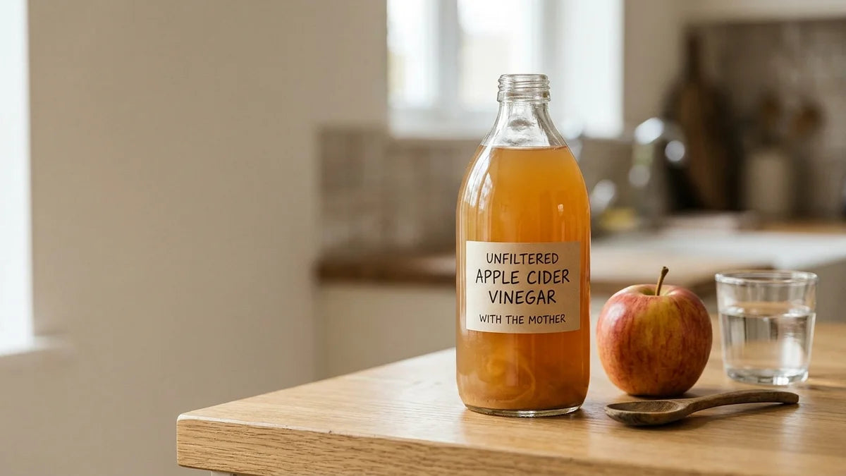 Bouteille de vinaigre de cidre non filtré avec mère, pomme fraîche, cuillère en bois et verre d'eau sur un plan de travail en chêne clair