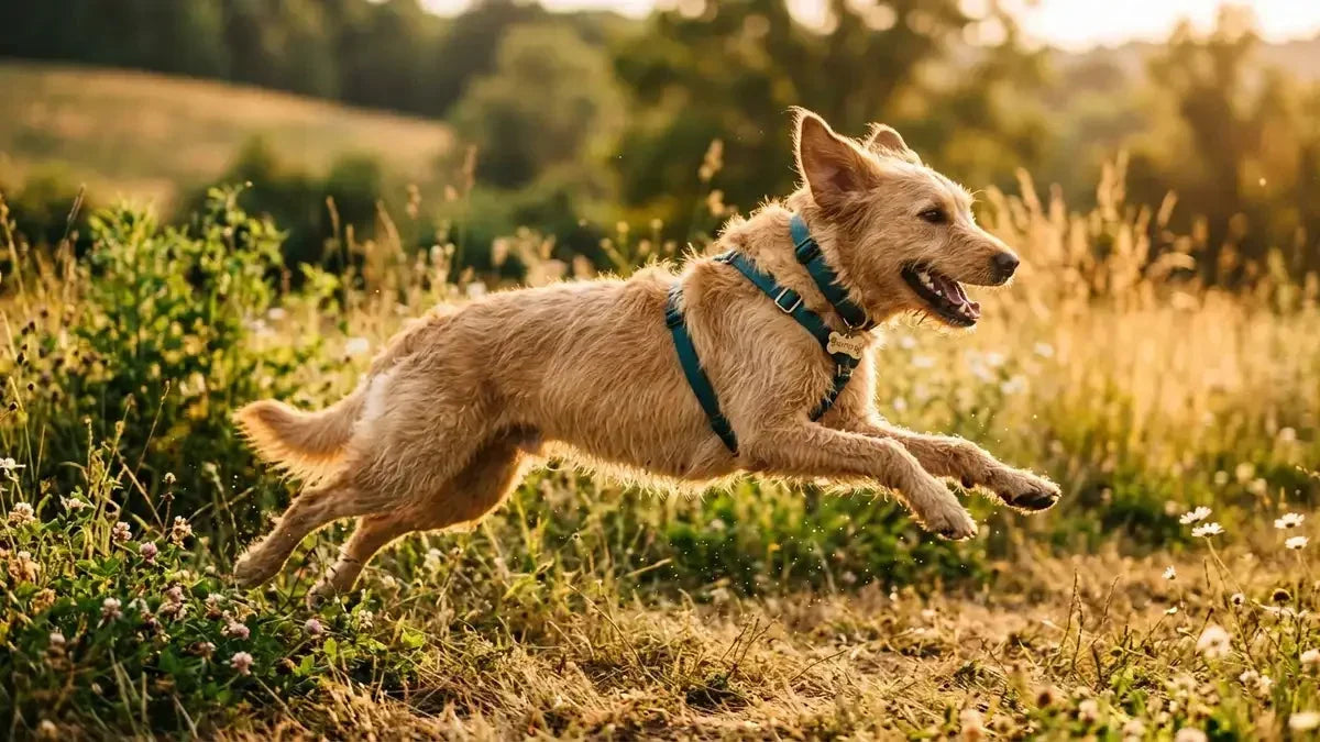 Un chien qui court dans un champs