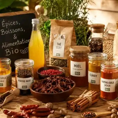 Photo d'ambiance épices, alimentations et boissons bio.