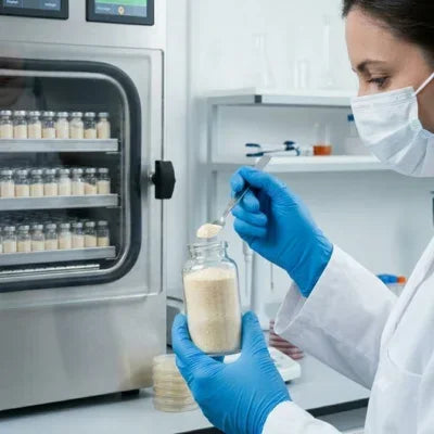 Technicienne de laboratoire prélevant des ferments lyophilisés dans un bocal, avec un lyophilisateur visible.