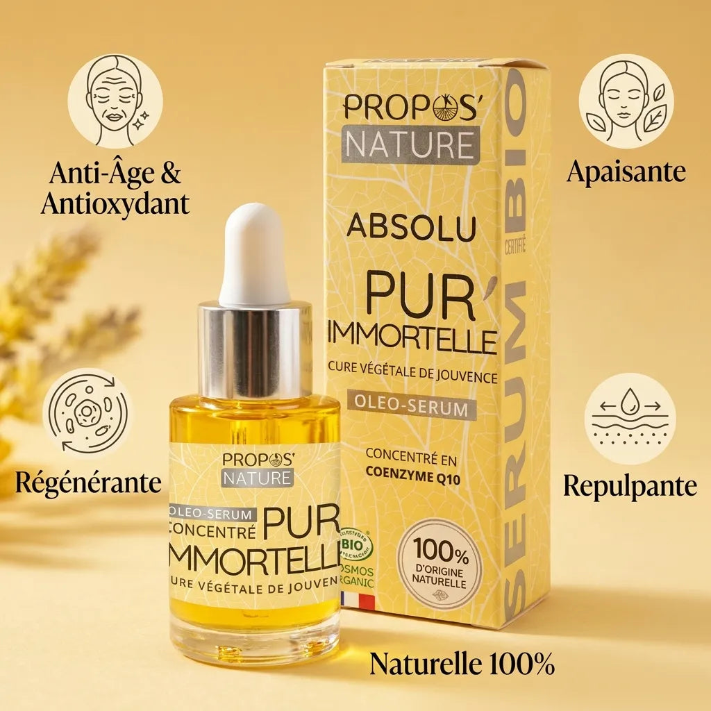 Absolu Pur'Immortelle sérum bio anti-âge avec infographie des 5 bénéfaits Propos'Nature