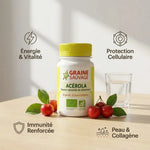 Acérola Bio vegan en gélules - Flacon avec bénéfices: énergie, immunité, antioxydants et collagène