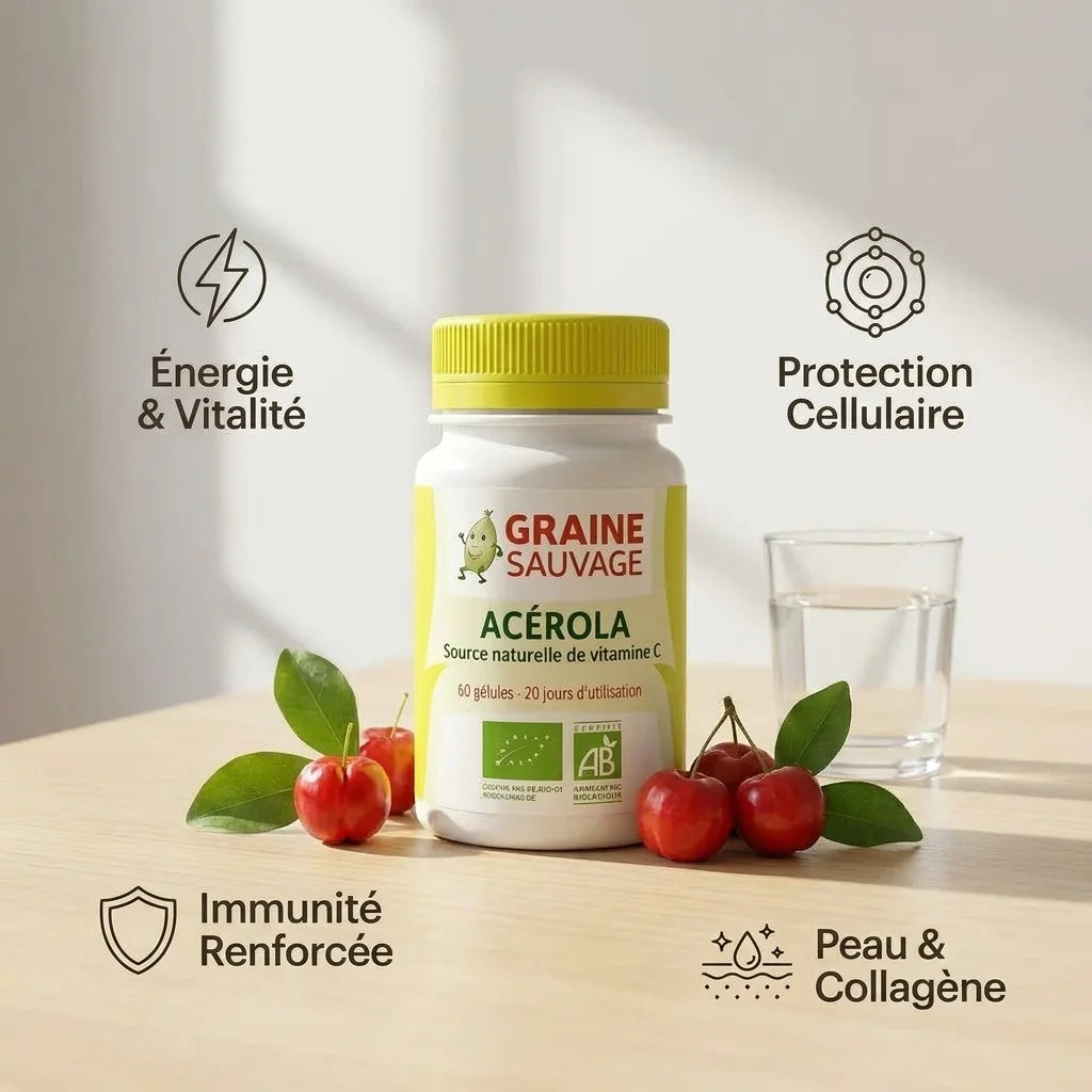 Acérola Bio vegan en gélules - Flacon avec bénéfices: énergie, immunité, antioxydants et collagène