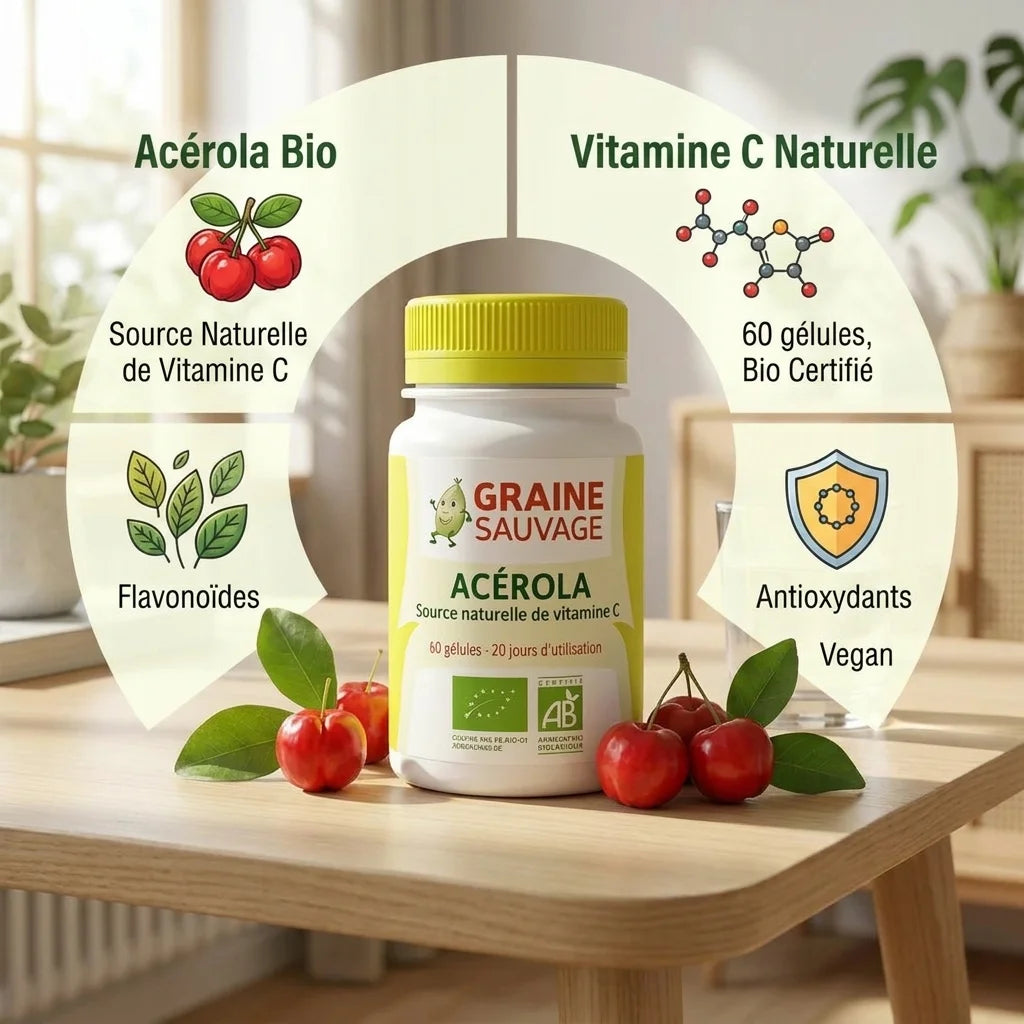 Acérola Bio en gélules avec vitamine C naturelle, certifié vegan et bio, 60 gélules