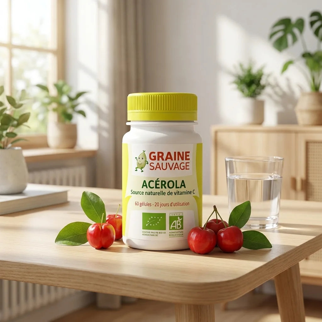 Graine Sauvage Acérola Bio en gélules avec fruits frais et feuilles vertes sur bureau wellness