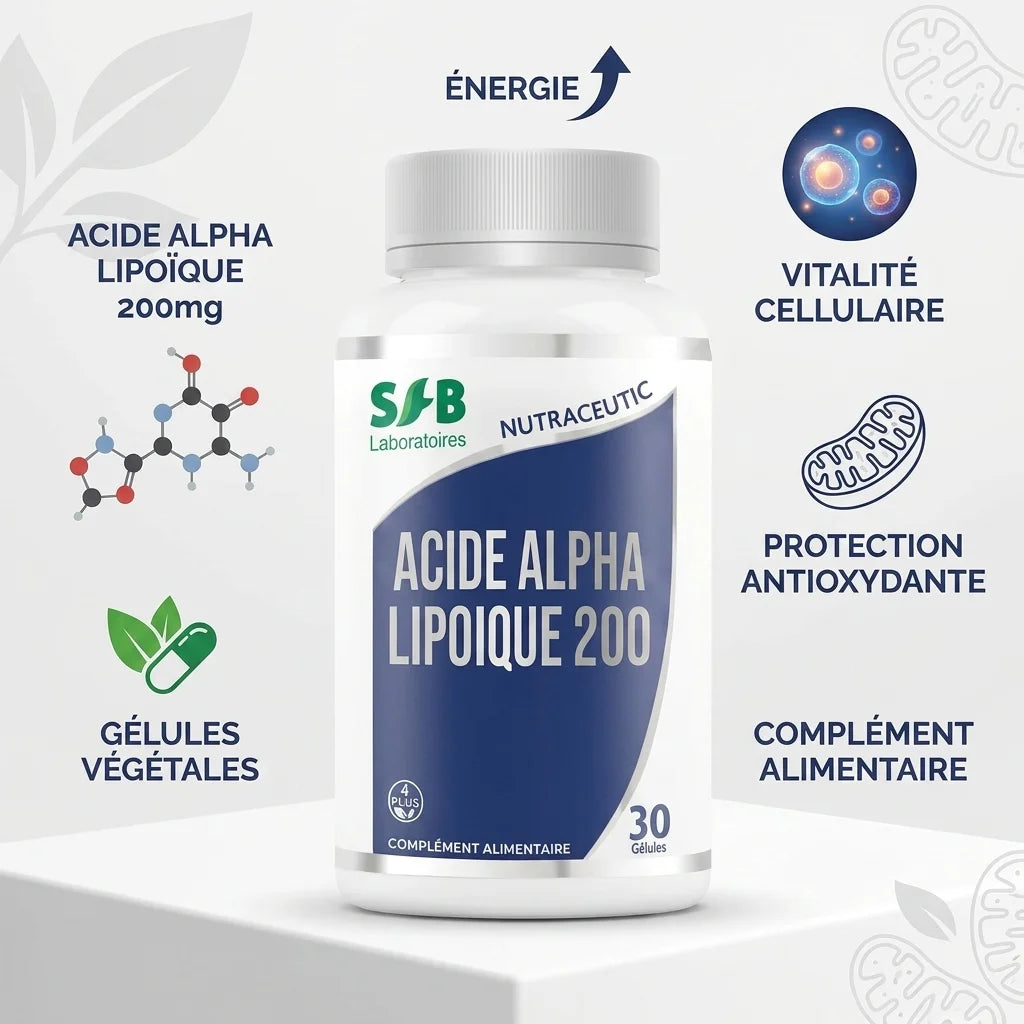 Bouteille Acide Alpha Lipoïque 200mg gélules végétales SFB sur fond blanc avec infographie des bénéfices antioxydants