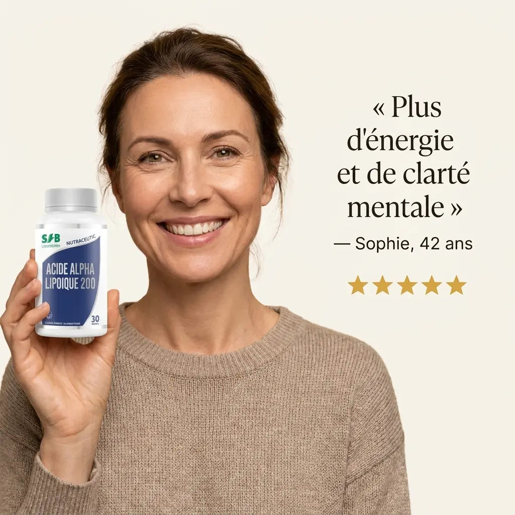 Femme tenant gélules acide alpha lipoique SFB avec témoignage client et avis 5 étoiles