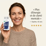 Femme tenant gélules acide alpha lipoique SFB avec témoignage client et avis 5 étoiles