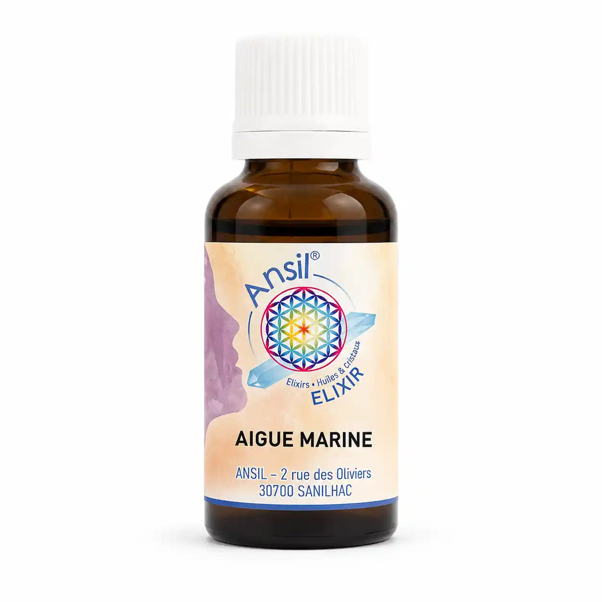 Bouteille élixir Aigue-Marine 30ml en verre ambré avec étiquette beige et logo fleur de vie