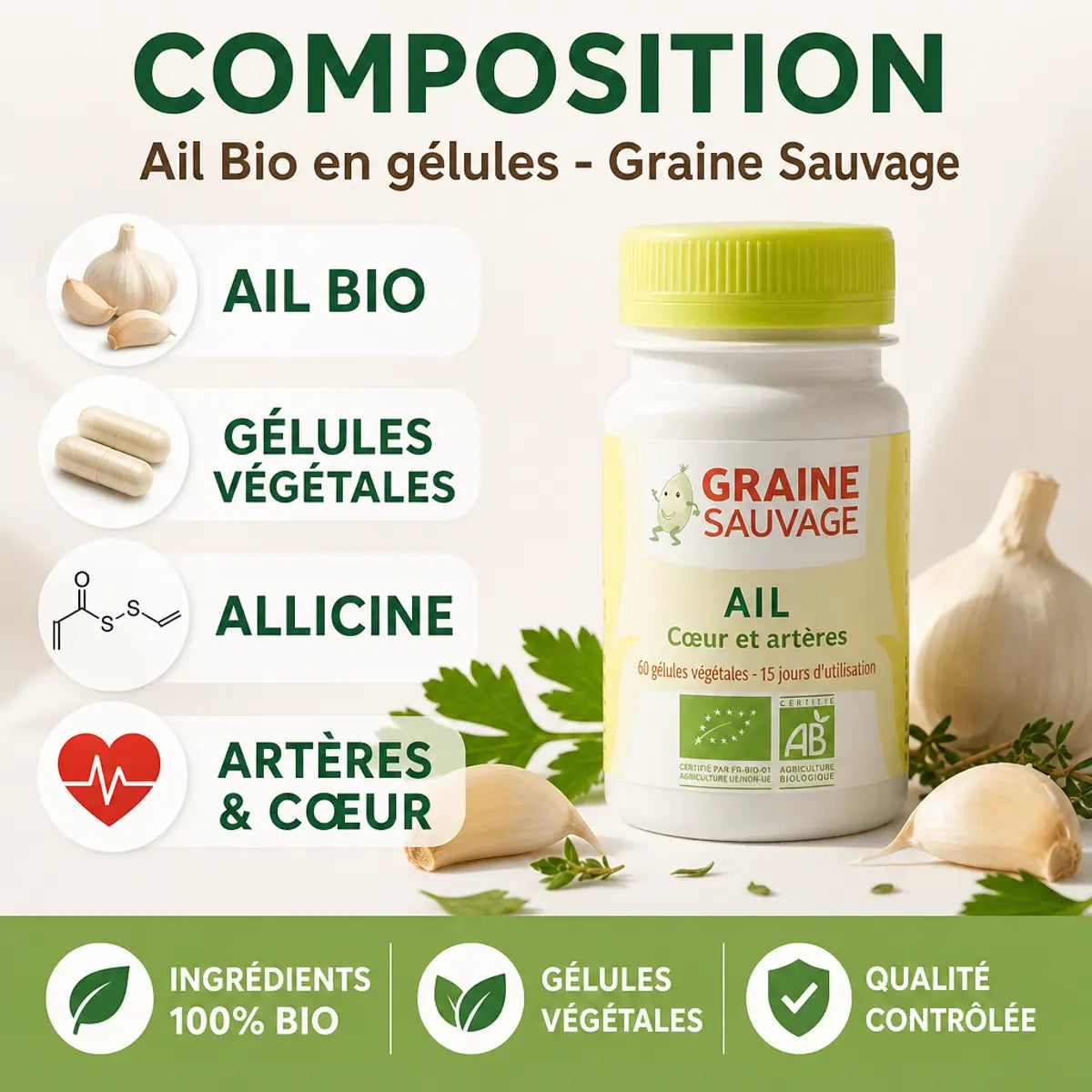 Ail Bio en gélules Graine Sauvage avec composition, ingrédients naturels et bénéfices pour cœur et artères