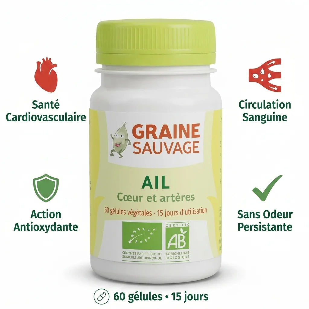 Complément ail bio vegan en gélules avec bénéfices santé cardiovasculaire et circulation sanguine