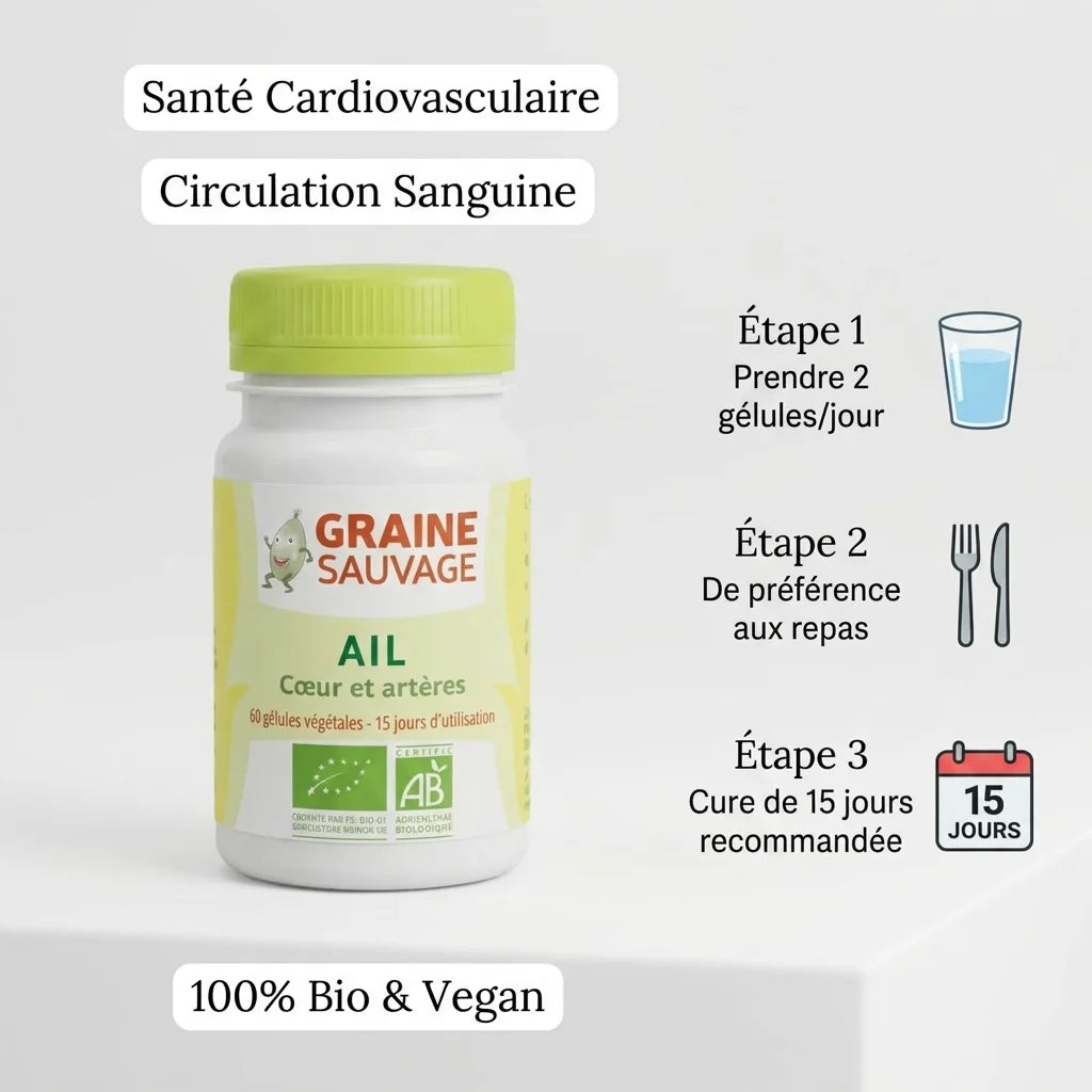 Gélules Ail Bio Vegan Graine Sauvage avec guide posologie et bénéfices santé cardiovasculaire