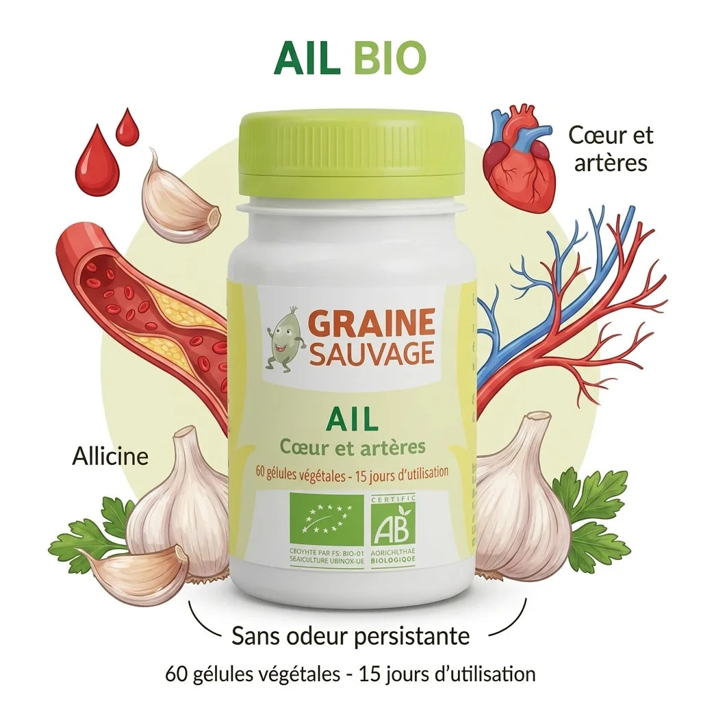 Gélules bio d'ail Graine Sauvage avec flacon, ingrédients naturels et bénéfices cardiovasculaires