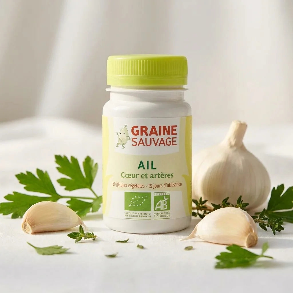 Gélules d'ail bio vegan Graine Sauvage avec ail frais et herbes vertes sur fond blanc