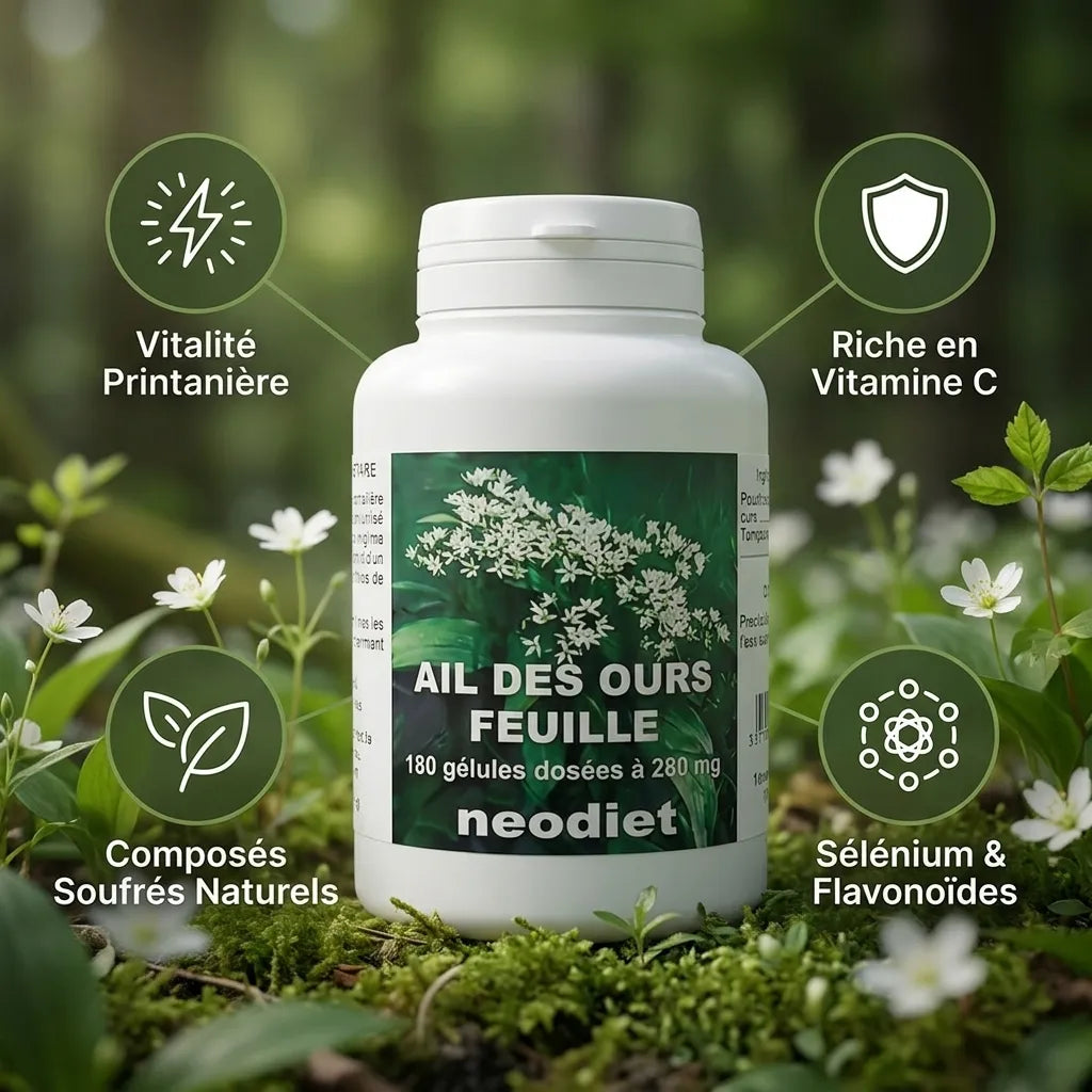 Complément Ail des Ours en gélules avec ses bénéfices: vitalité, vitamine C, composés soufrés et antioxydants