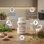 Bouteille Ail noir fermenté Extrait 100 gélules avec bénéfices antioxydants et cardiovasculaires illustrés