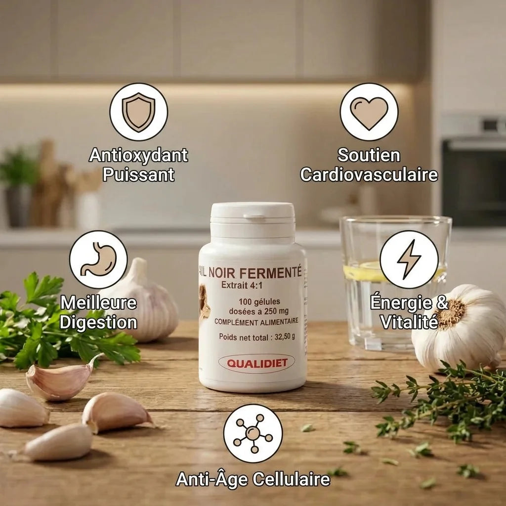 Bouteille Ail noir fermenté Extrait 100 gélules avec bénéfices antioxydants et cardiovasculaires illustrés