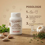 Ail noir fermenté 100 gélules avec posologie et ingrédients naturels sur fond bois