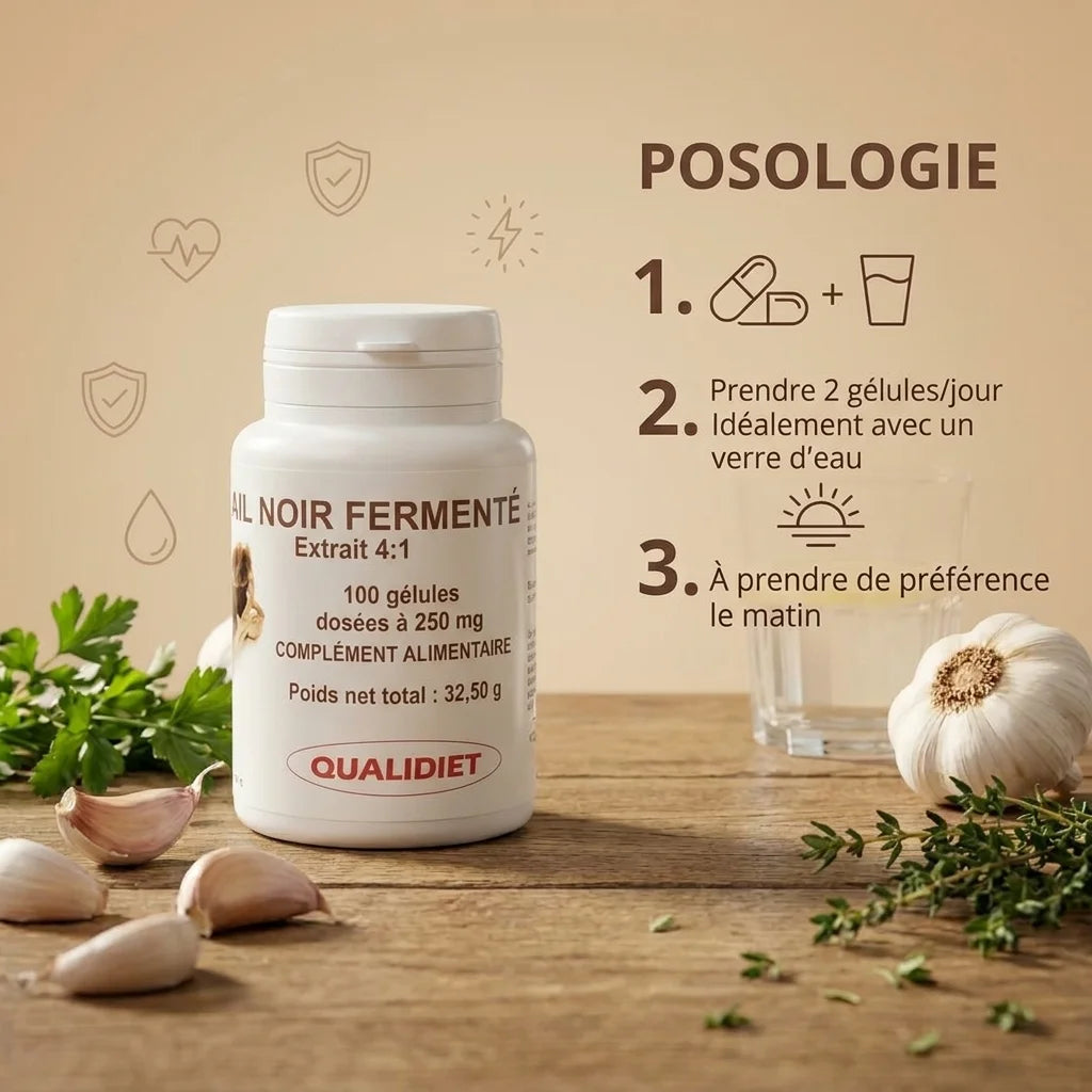 Ail noir fermenté 100 gélules avec posologie et ingrédients naturels sur fond bois