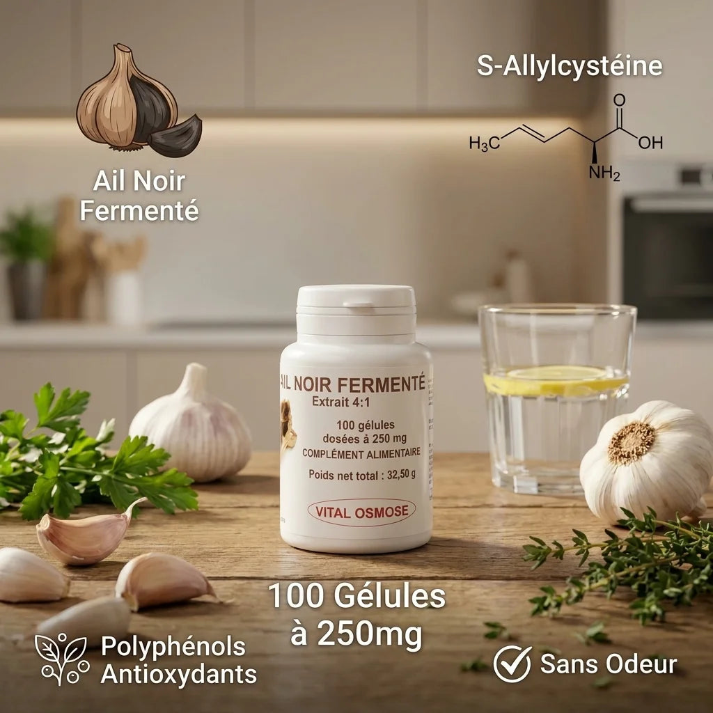 Bouteille Vital Osmose ail noir fermenté 100 gélules avec ail frais et ingrédients naturels